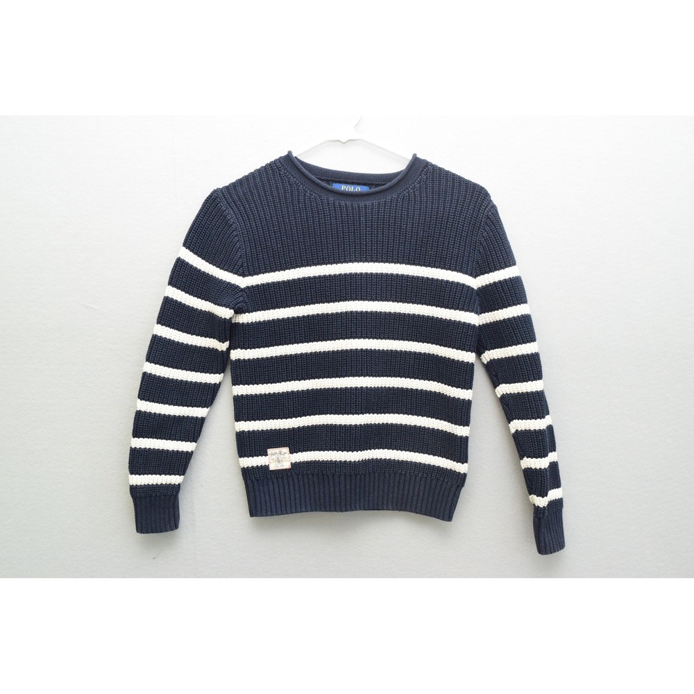 Polo Ralph Lauren Sweater Size 8 Navy Blue Striped Shaker Knit Kids Nautical Top